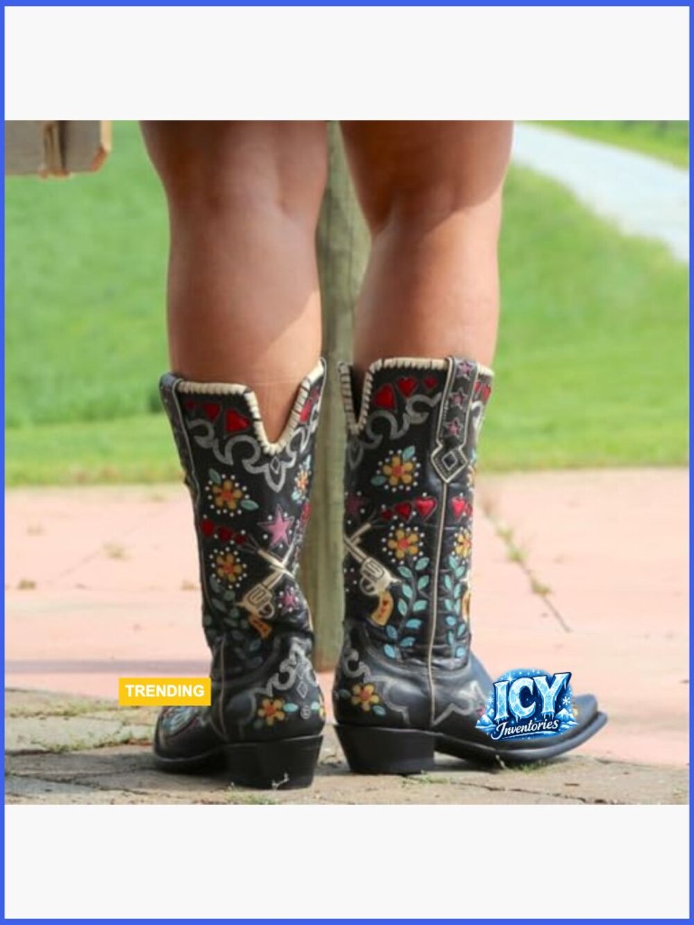 Women's Embroidered Cowgirl Boots - Knee High Chunky Heel Faux Leather Pull On - Picture 5 of 7
